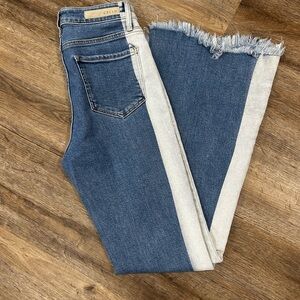 Cello Women's Denim and Cream Raw Hem Flare Jeans Size 5